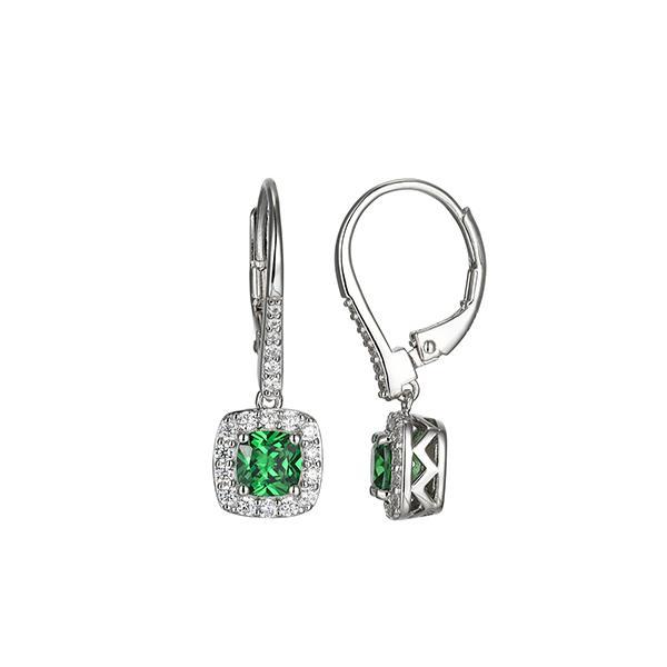ER2LCRP09-W Sterling Silver RADIANCE Cushion Green Cubic Zirconia Halo Drop Leverback Earrings