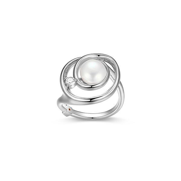 RR4LAGZ45-W-7 Sterling Silver SATELITE White Pearl and Moissanite Circle Ring Size 7