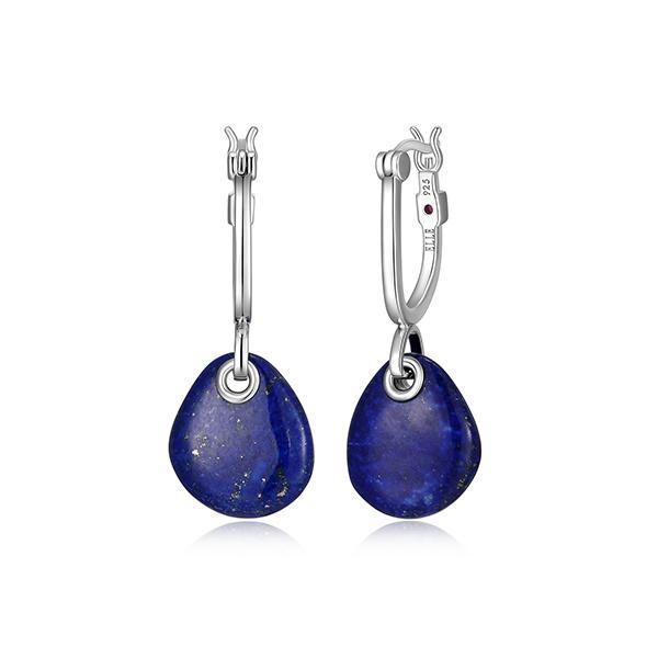 ER2LCQK29-W Sterling Silver PEBBLE Lapis Lazuli Pear Drop Hoop Earrings
