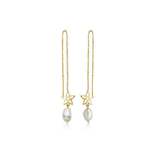 CJ Steelx Fresh Water Pearl and Flower Threader Earrings - Gold