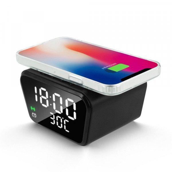 15W Wireless Charging Alarm Clock with Temperature Display Adjustable Brightness and Snooze Function for Universal Cell Phones and Qi Compatible Device - Black