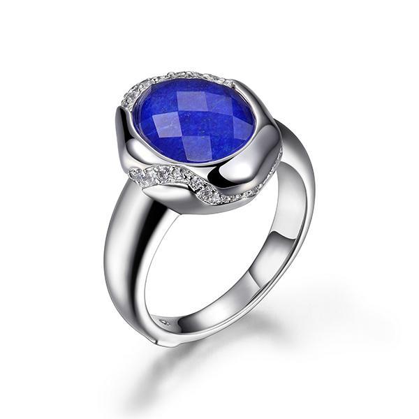 RR4LA56GV-W-7 Sterling Silver OASIS Blue Crystal Lapis and Cubic Zirconia Oval Ring Size 7