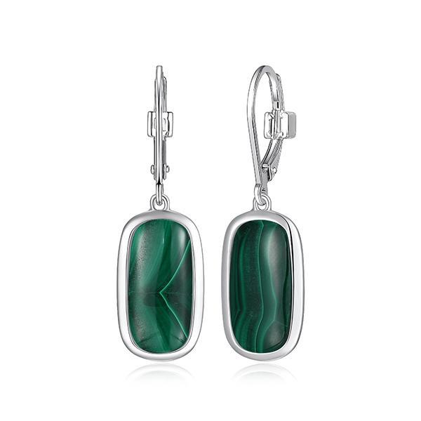 ER2LCRY30-W Sterling Silver ALLURE Malachite Emerald Cushion Drop Leverback Earrings
