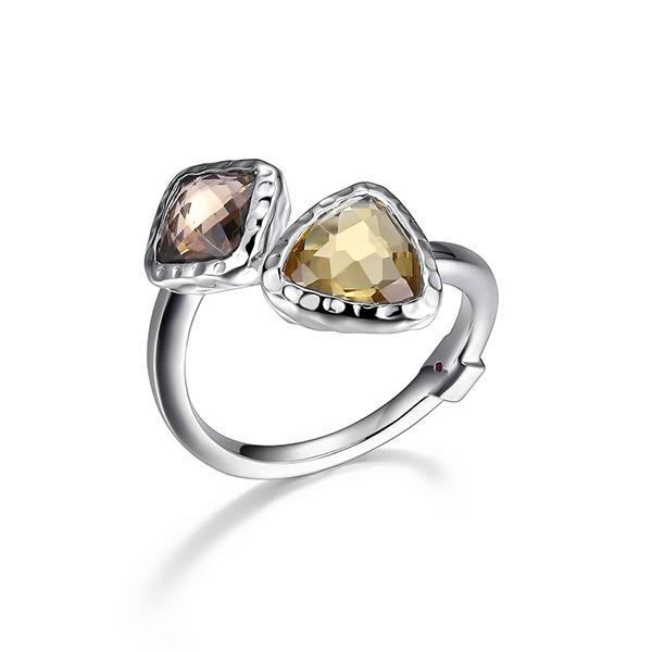 RR4LA7PEK-W-6 Sterling Silver Genuine Smoky Quartz and Honey Citrine Bypass Ring Size 6