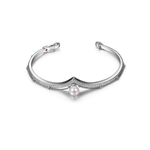 BR1LAD1-W "Majestic" Sterling Silver Rhodium Plated Genuine Pearl CZ Open Cuff