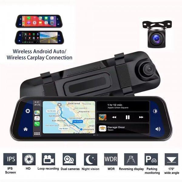 Wireless Dual Dashcam with Apple CarPlay & Android Auto Display Built-In, Front & Rear View, Night Vision, Voice Control - ADAS System for Universal Cell Phone - Black