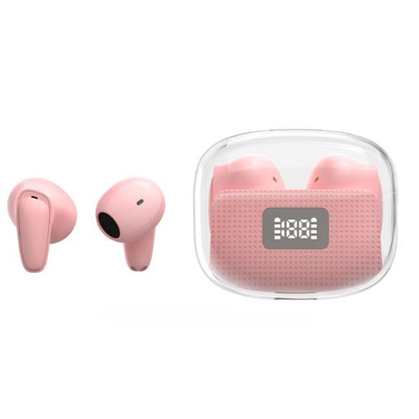 Mini Design TWS Wireless Earphone - BT Headset with Battery Power Display, Stereo Sound Earbuds, Transparent Cover Case KIF10 for Universal Cell Phone And Bluetooth Device - Pink