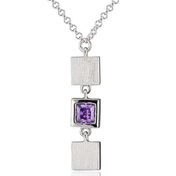 NR0LAEY24-W-16 Sterling Silver Square Purple Cubic Zirconia Necklace Size 16