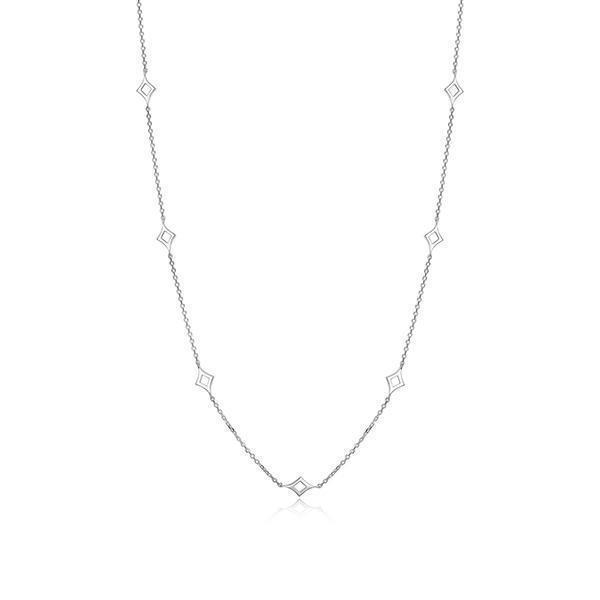 NR0LBQ1-W "Stellar" Sterling Silver Rhodium Plated Rhombus Station Long Necklace