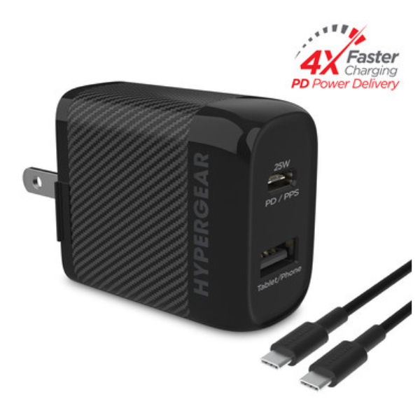 MS53080 Wall Charger 2 Port USB-A -12W- USB-C -25W- PD PPS SpeedBoost with USB-C to USB-C Cable 6ft