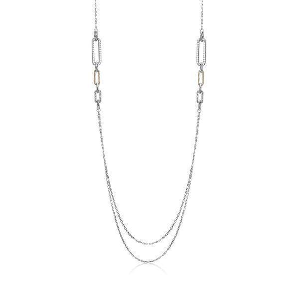NCGR0Q086-2T Sterling Silver "PAPERCLIP" Rope and CZ Link with 2 Strands Long Necklace