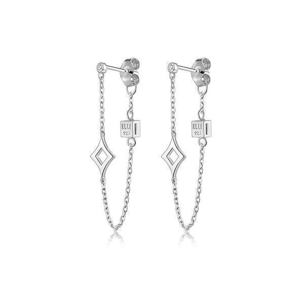 ER2LCJS-W "Stellar" Sterling Silver Rhodium Plated Plain Rhombus with Cubic Zirconia Stud and Chain Earrings