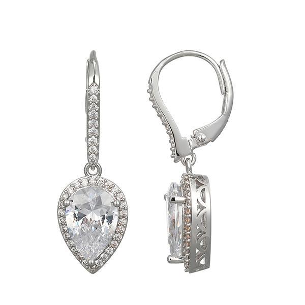 ER2AW1700-W Sterling Silver Diamonlite Cubic Zirconia Pear Halo Leverback Earrings