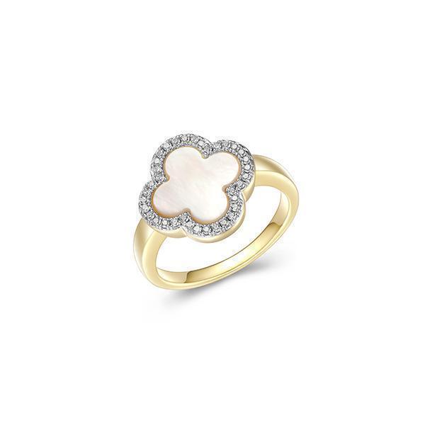 RS4Q03W-Y-7 Sterling Silver "Bliss" Mother of Pearl with CZ Clover Ring - Gold