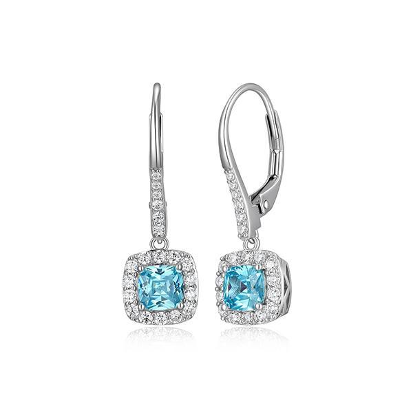 ER2LCRP25-W Sterling Silver RADIANCE Cushion Blue Cubic Zirconia Halo Drop Leverback Earrings