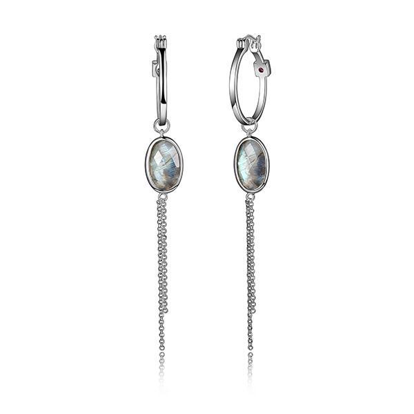 ER2LC6WAR-W Sterling Silver Checkerboard Genuine Labradorite 20mm Hoop Dangle Earrings