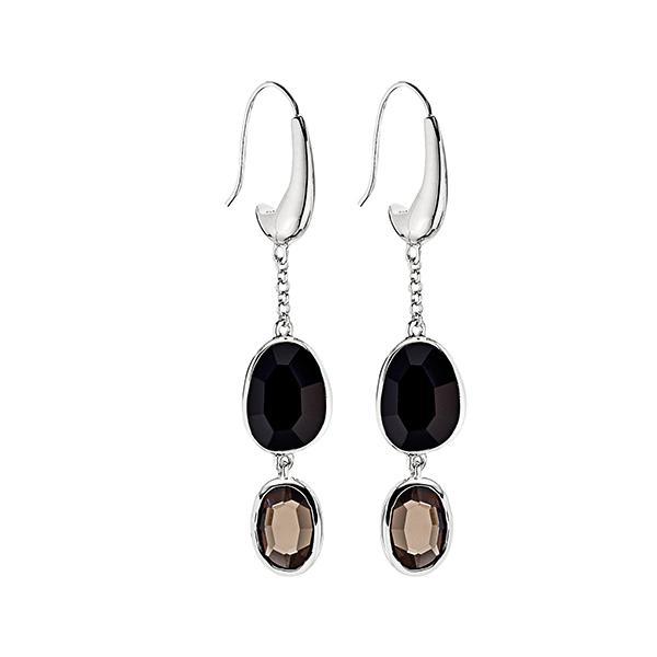 ER2LBHD27-W Sterling Silver Black Agate and Smoky Quartz Fishhook Earrings