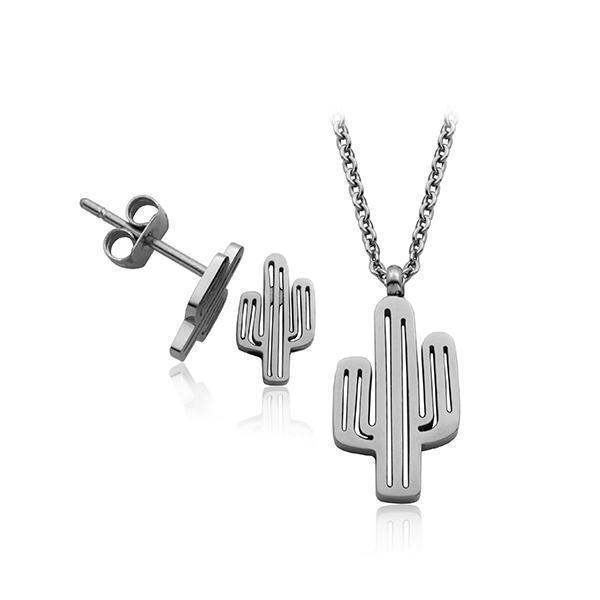 STEELX Cactus Pendant and Earring Set - Silver