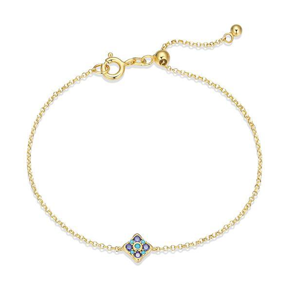 B31AD57CP-Y-7.5 Sterling Silver Tanzanite Cubic Zirconia and Turquoise Nano Adjustable Mini Flower Bracelet Size 7.5