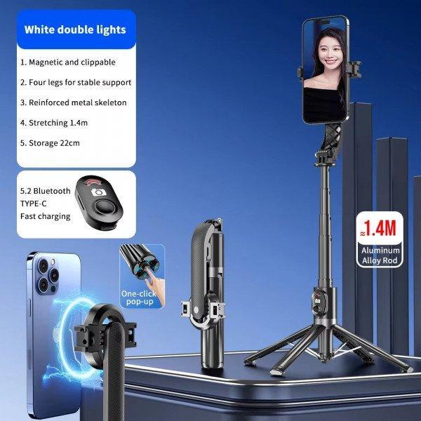 Professional Magnetic Selfie Stick Tripod Stand with Remote Control - 4.6ft Extendable Travel Photography Equipment P07Max for Universal Cell Phones - Black
