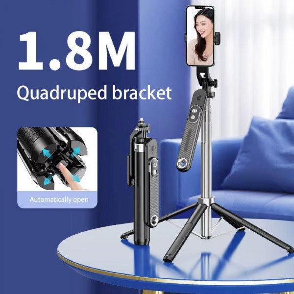 Professional Heavy Duty Selfie Stick with Quadpod Stand - 1.8M Extendable Tripod with Wireless Remote and 360° Swivel Head P510 for Universal Cell Phones - Black