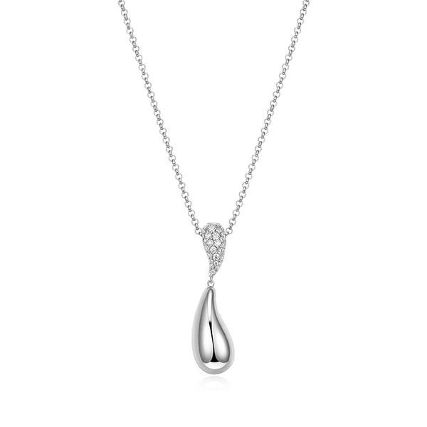 NR0LBZ700-W-17 Sterling Silver RAINDROP Pave Cubic Zirconia and Puffy High Polish Pear Drop Necklace Size 17