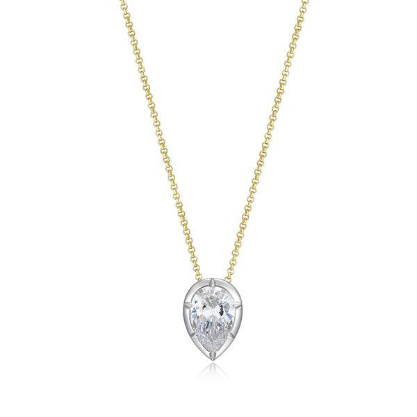 N30ADKK00-2T-16 Sterling Silver Diamondlite Cubic Zirconia Bezel Set Inverted Pear Solitaire Rolo Two Tone Necklace Size 16