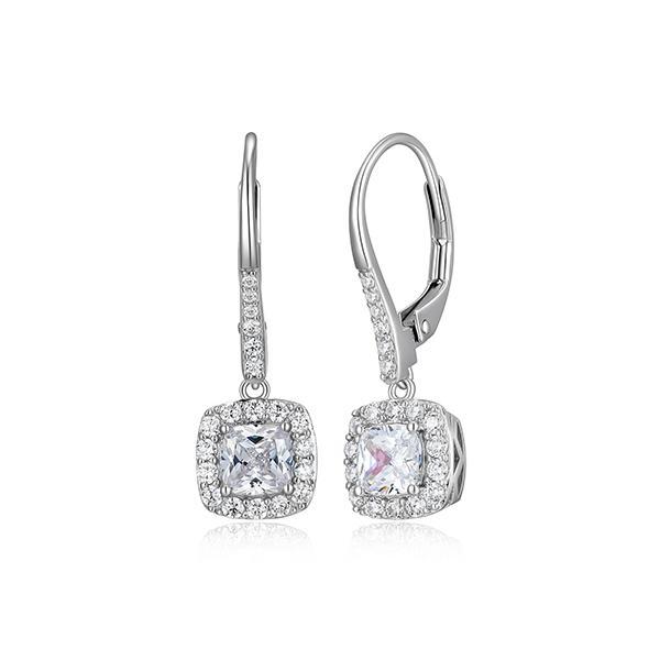 ER2LCRP00-W Sterling Silver RADIANCE Cushion Clear Cubic Zirconia Halo Drop Leverback Earrings