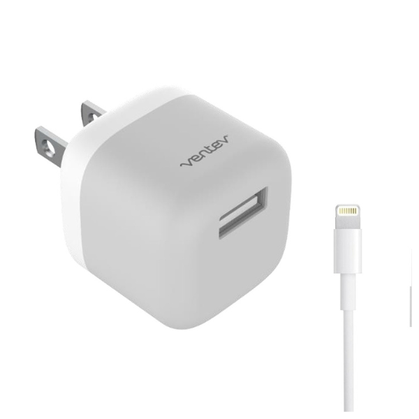 MS51425 Wall Charger 1 Port 12W 2.4 Amp USB-A - White  and  Grey with Lightning MFI to USB-A Cable 3.3ft
