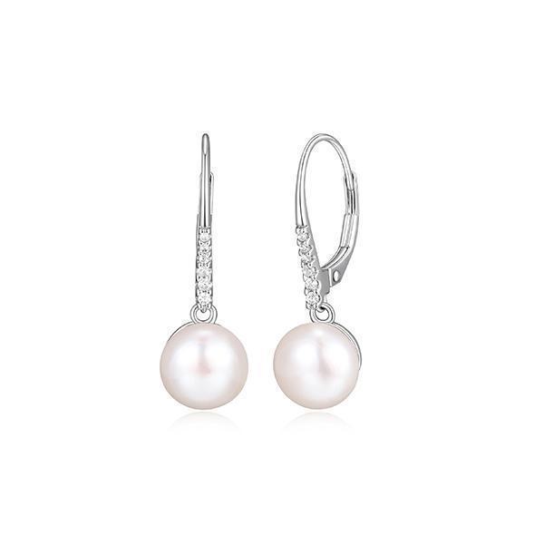 Diamondlite Cubic Zirconia 8.5mm Round Genuine Pearl Drop Leverback Earrings in sterling silver.