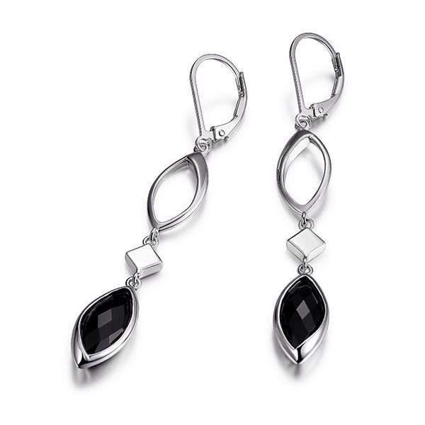 ER2LC4627-W Sterling Silver Checkerboard Black Agate Marquise Shape Leverback Earrings