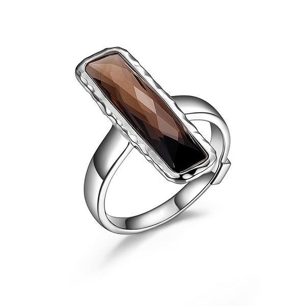 RR4LA7NCB-W-9 Sterling Silver Genuine Smoky Quartz Long Rectangle Ring Size 9