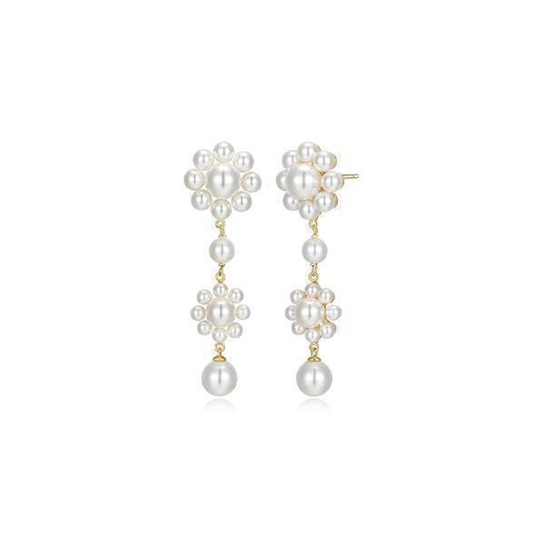 Pearl Flower Long Drop Shell Pearl Statement Earrings - Gold