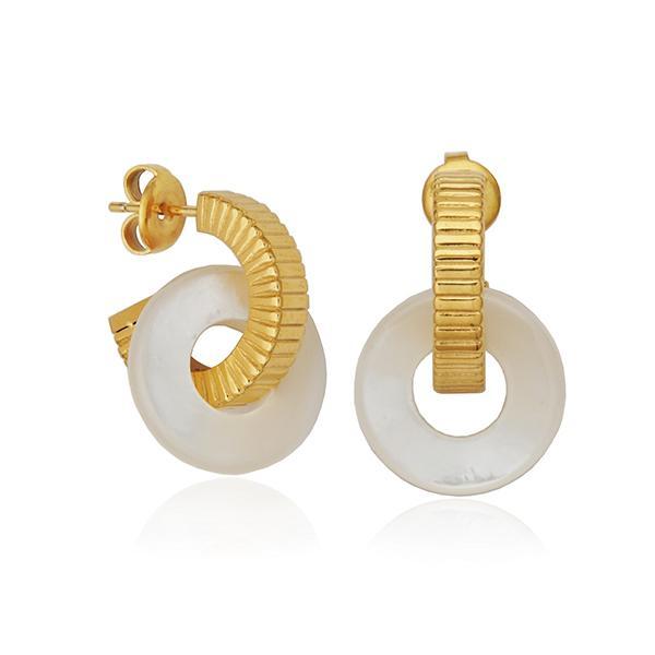 CJ STEELX 2 in 1 Removable Mother of Pearl Circle Charm Ridged Hoop Earrings - Gold