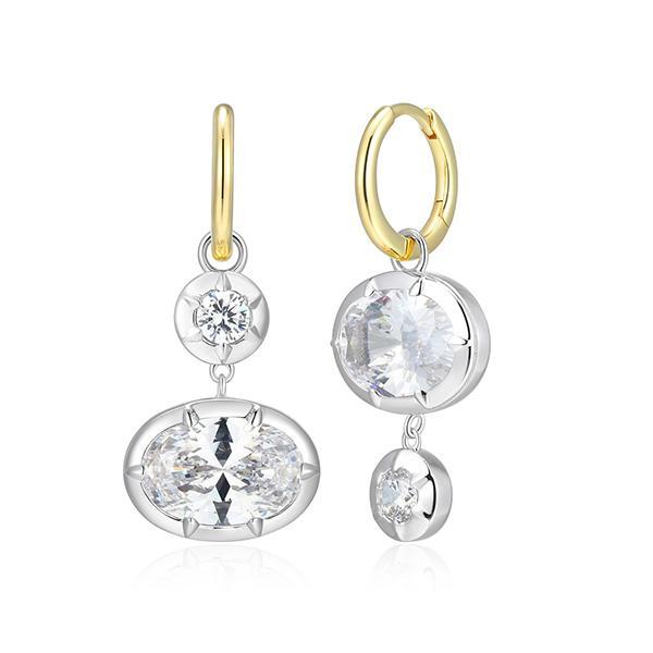 ER2AWCR97-2T Sterling Silver Diamondlite Cubic Zirconia Bezel Set Oval and Round 2 in 1Eastwest Huggie Two Tone Earrings