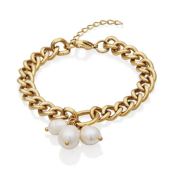 CJ STEELX Fresh Water Pearl Charm Curb Chain Bracelet Size 6.75 - Gold