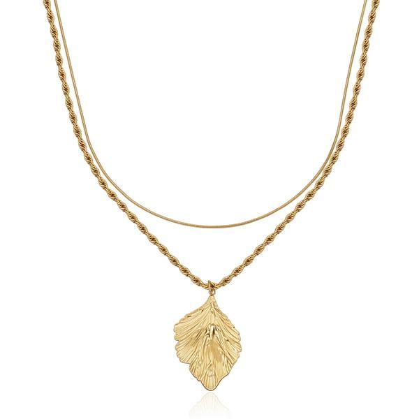 CJ STEELX Leaf Pendant Double Layer Chain Necklace Size 18 - Gold
