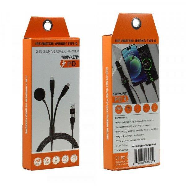 2 in 3 Universal Charger Cable with USB-A/C to Apple Watch/Type C/IP Lighting Connectors 27W PD 3FT Cable for Apple Watch, iPhone, iDevice - Black