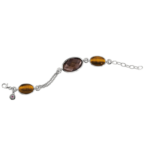BR1L8783-W-7.75 Chocolait Smoky Quartz and Tiger Eye Bracelet Size 7.75