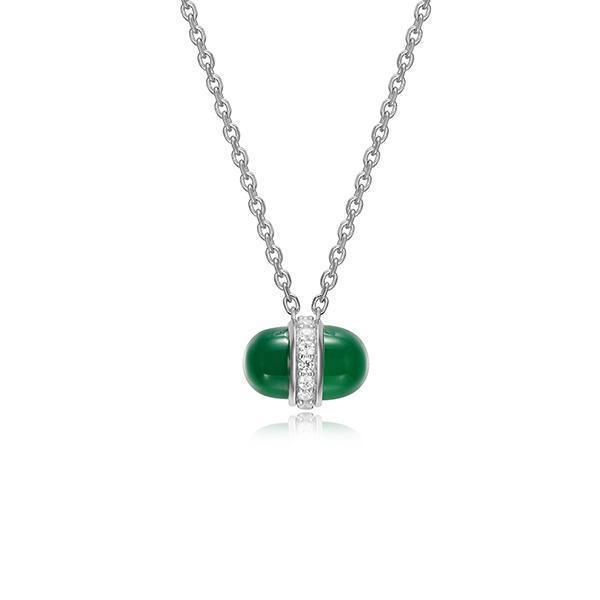 NR0LBYJ-W "Pivot" Genuine Light Green Agate & Cubic Zirconia Oval Pendant Necklace