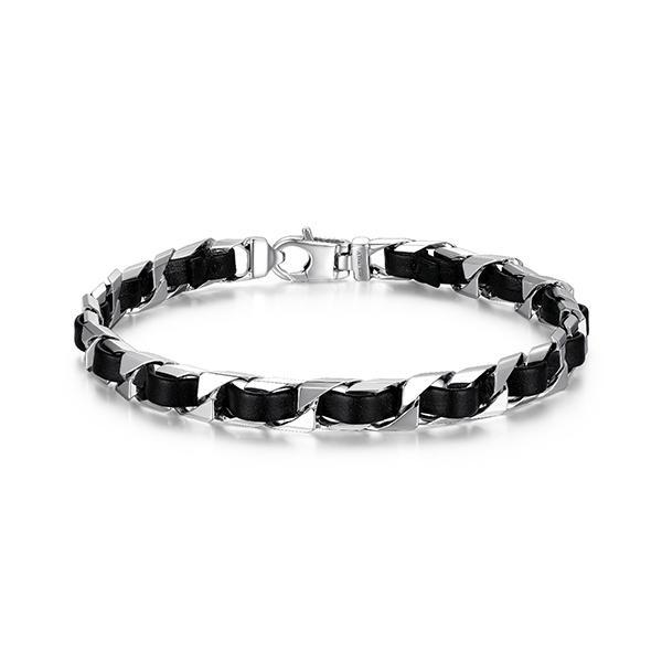 Sterling silver CJ Ethos ITALIAN CHAIN rhodium plated 6mm black leather and d/c curb bracelet