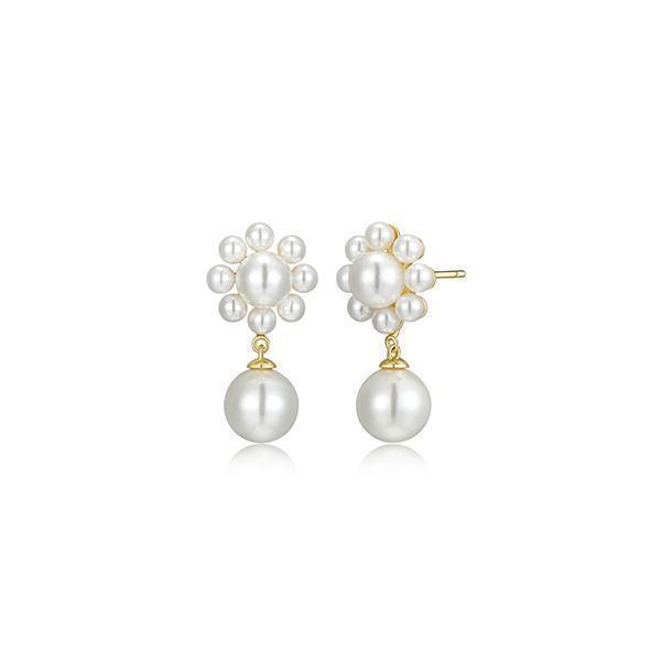 Pearl Flower Earrings with 8mm Shell Pearl Drop - Gold