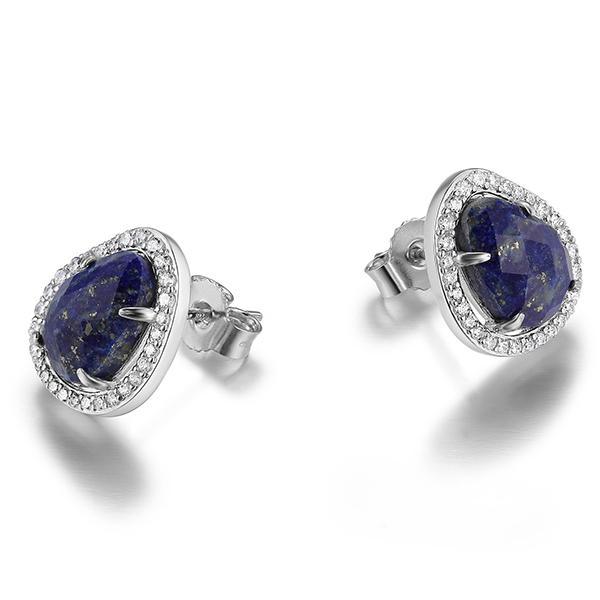 ER2LBWL29-W Sterling Silver Lapis Lazuli Cubic Zirconia Halo Post Earrings