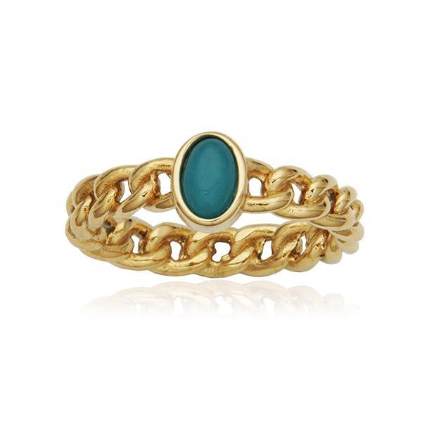 CJ STEELX Gold Ion Plating Genuine Aquamarine Curb Chain Ring Size 6 - Gold