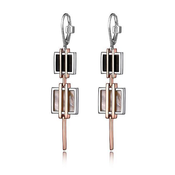 ER2LCB7A9-2T Sterling Silver MIDNIGHT Black Agate and White Mother of Pearl Long Leverback Two Tone Earrings