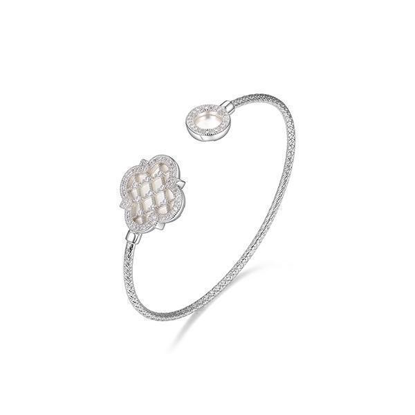 BR1Q192-W Sterling Silver "Bliss" Mother of Pearl with CZ Cuff Clover Bangle