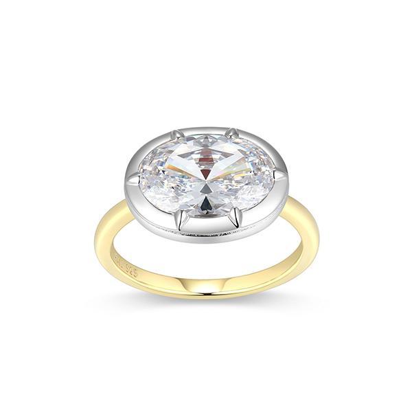 RR4ATSC97-2T-5 Sterling Silver  Cubic Zirconia Eastwest Oval Solitaire Two Tone Ring Size 5