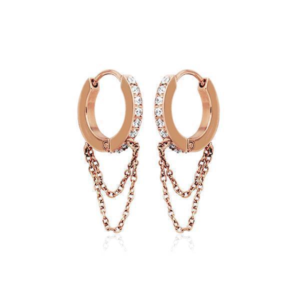 CJ Steelx 14.5mm CZ and Double Chain Huggie Hoop Earrings - Rose Gold