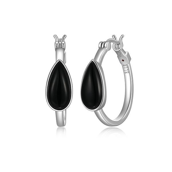 ER2LCR027-W Sterling Silver ETHEREAL DROPS Genuine Black Agate  24mm Hoop Earrings