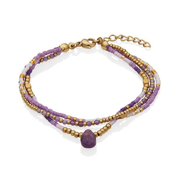 CJ STEELX  Semi Precious Stone Three Layer Bead Bracelet Size 6.75 - Gold